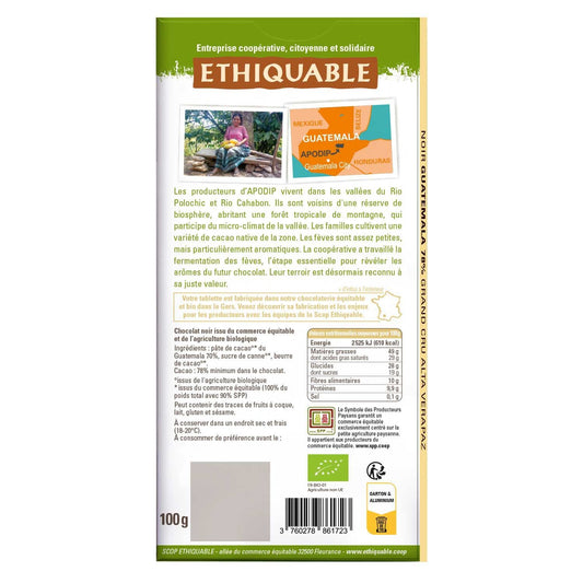 Chocolat Noir 78% Cacao Notes de Caramel Guatemala Bio ETHIQUABLE