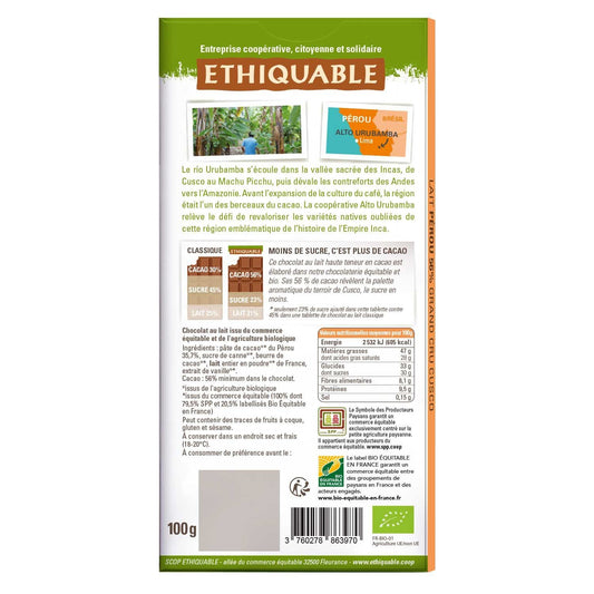 Organic Milk Chocolate Bar 56% Peruvian Cocoa ETHIQUABLE