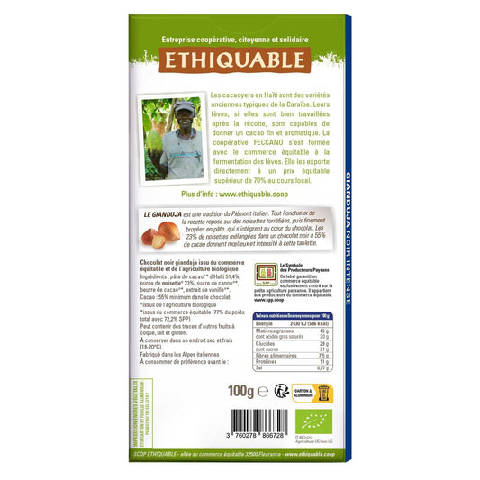 Organic Dark Chocolate Bar 55% Intense Gianduja Haiti ETHIQUABLE