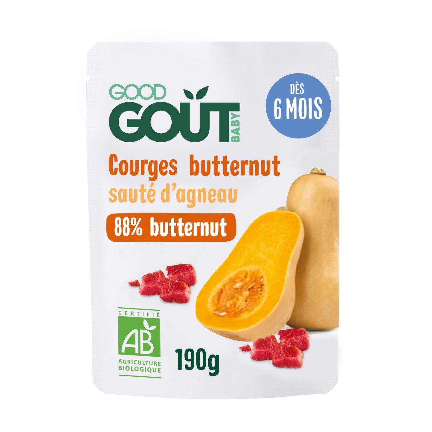 Plat Bébé Dès 6 Mois Courge Butternut et Sauté d'Agneau Bio GOOD GOUT Le Sachet De 190g
