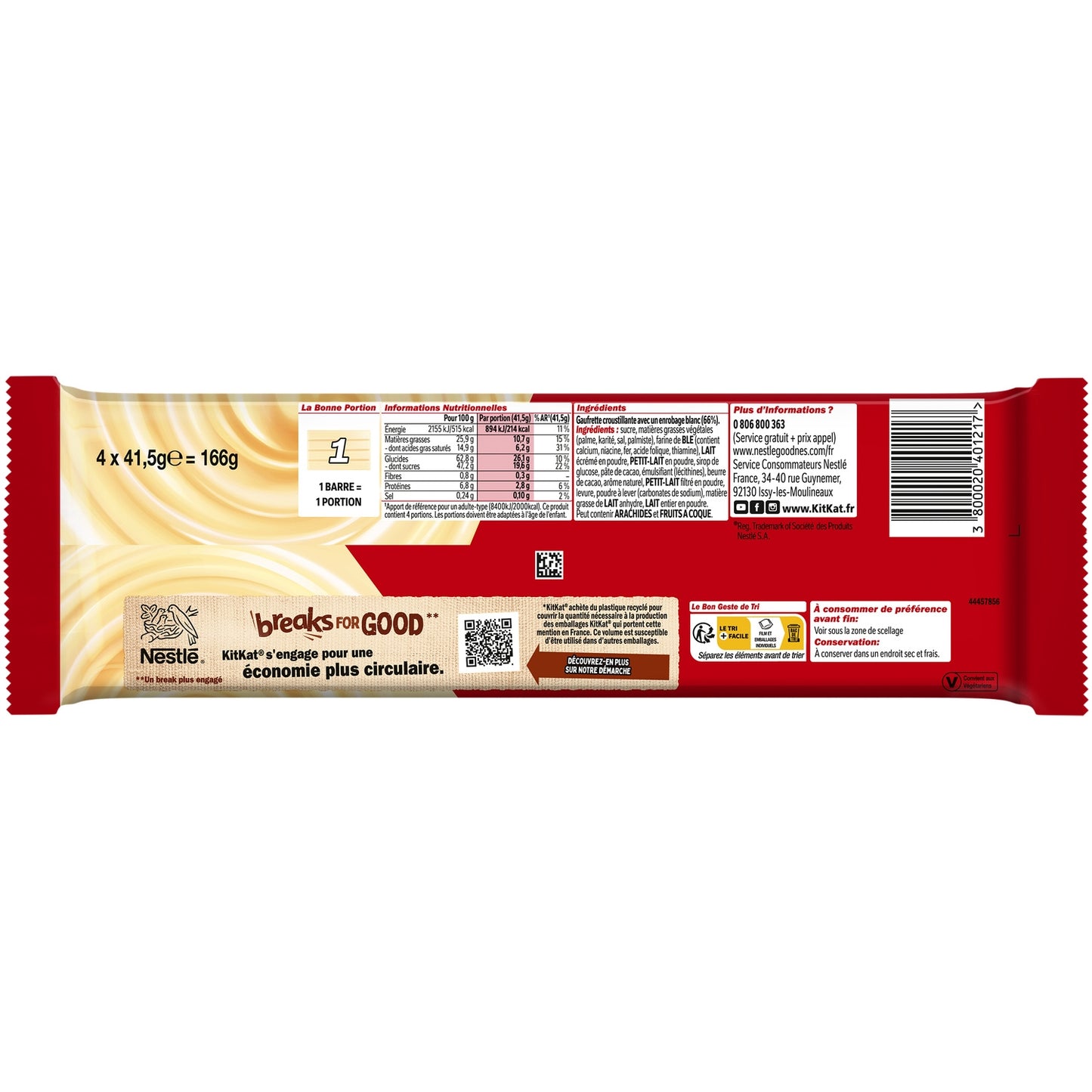 Barres Chocolatées Enrobage Blanc KITKAT