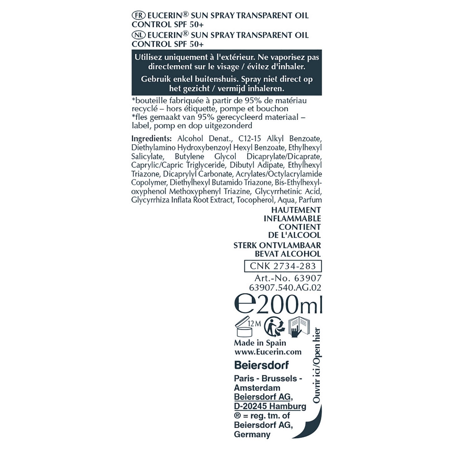 Crème Solaire Spray Transparent Corps Peaux Sensibles Spf 50 EUCERIN