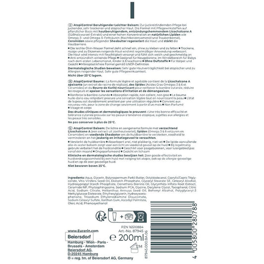 Körperbalsam für trockene und empfindliche atopische Haut, Reizungen und Juckreiz, beruhigend und pflegend, parfümfrei, Atopi Control, EUCERIN