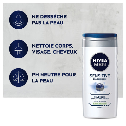 Shower Gel for Men, Body, Face, Hair, Sensitive Skin, Sensitive 3 in 1 NIVEA