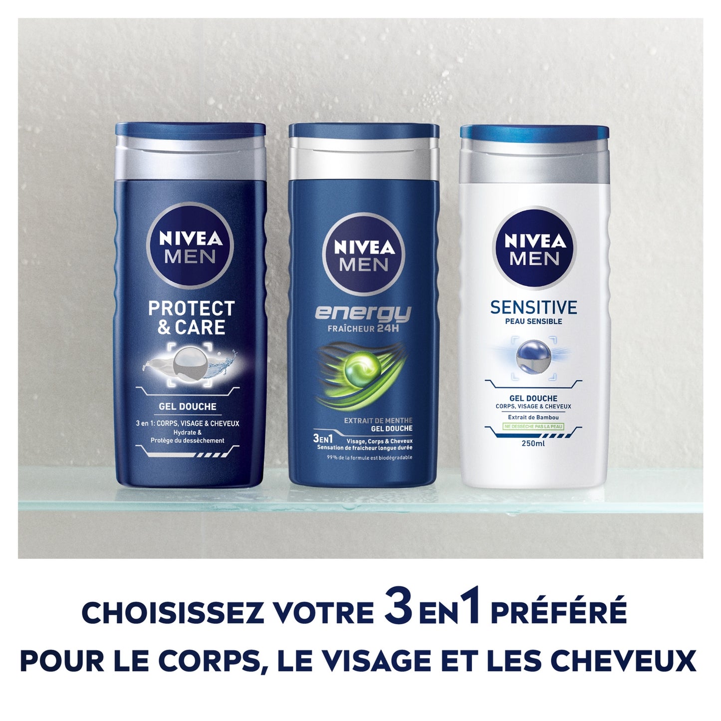 Gel Douche Homme Corps Visage Cheveux Peau Sensible Sensitive 3 en 1 NIVEA