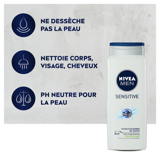 Shower Gel for Men, Body, Face, Hair, Sensitive Skin, Sensitive 3 in 1 NIVEA