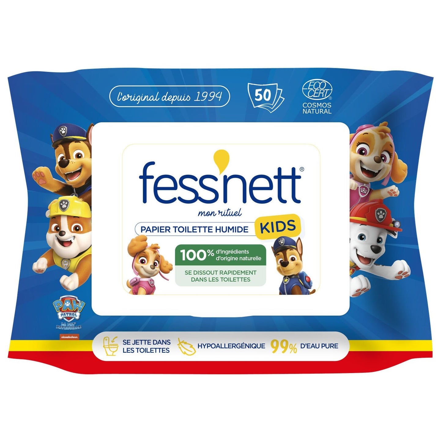 Papier Toilette Humide 99% Eau Pure Biodégradables Kid FESS'NET le paquet de 50 lingettes