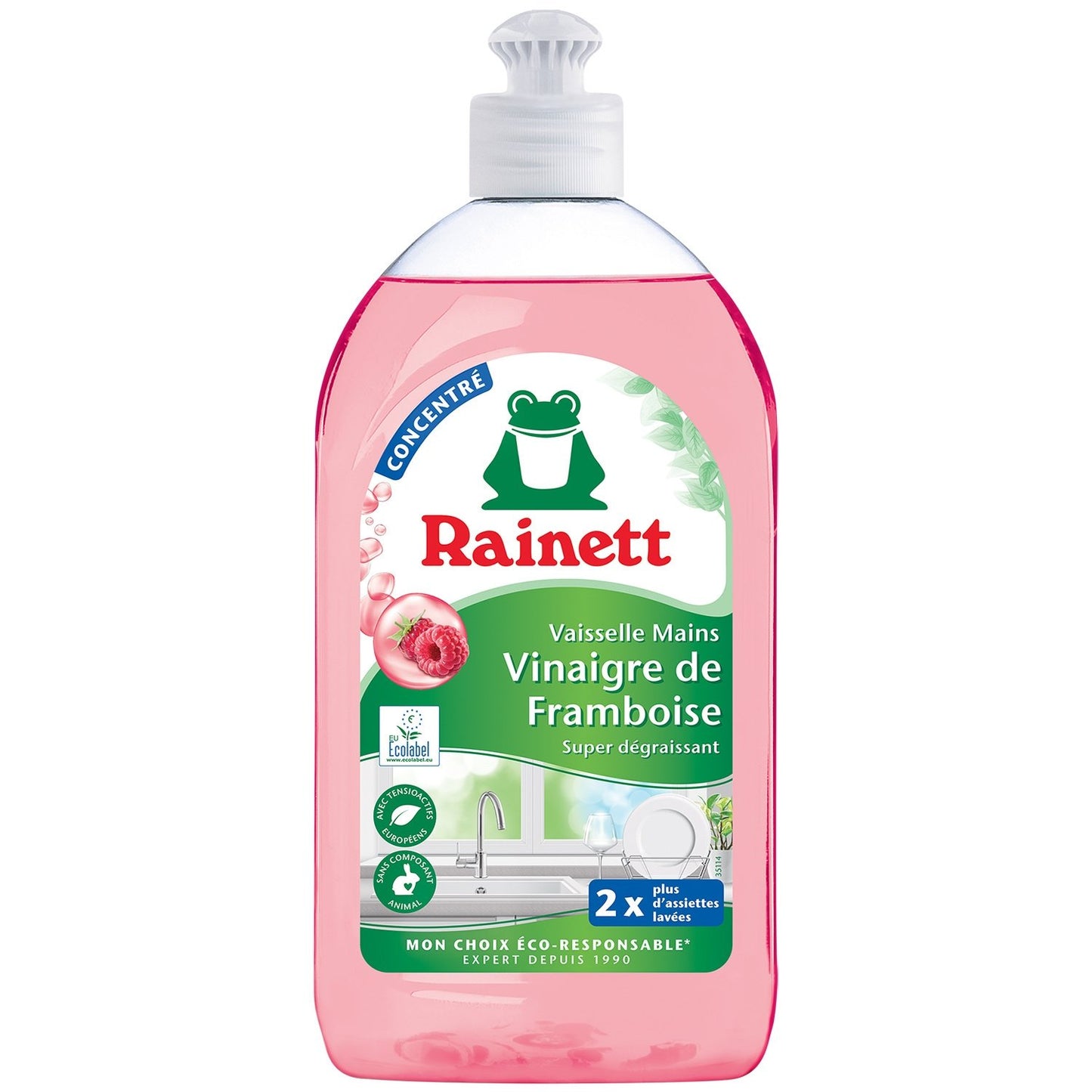 Liquide Vaisselle Vinaigre de Framboise Super Dégraissant Écologique RAINETT le flacon de 500mL