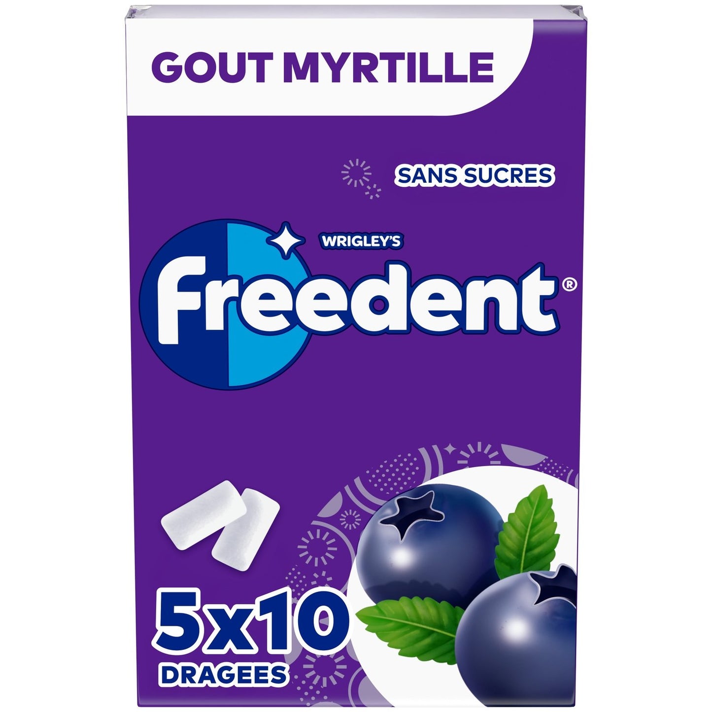 Chewing-Gum Goût Myrtille Sans Sucres FREEDENT les 5 paquets de 10 dragées