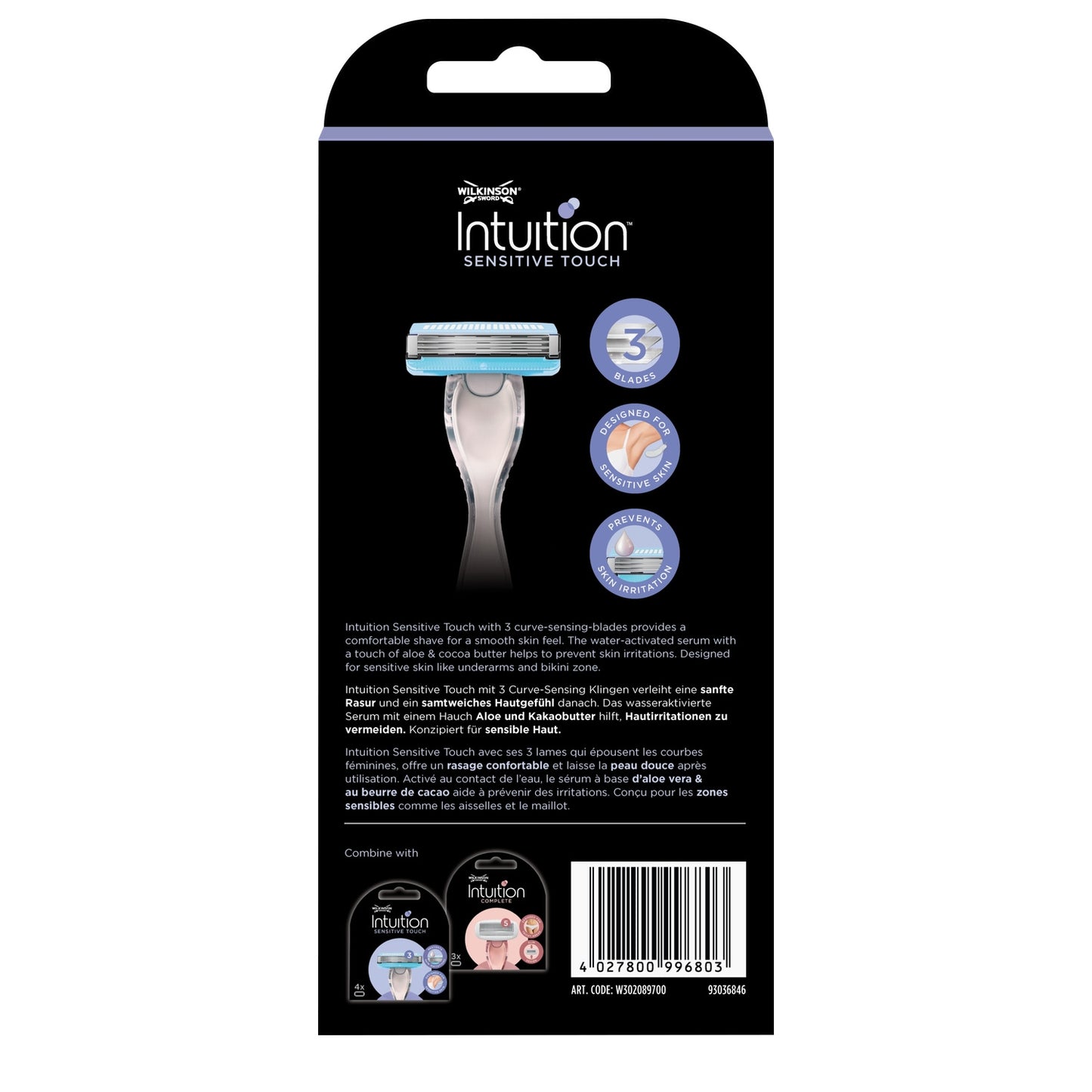 WILKINSON Intuition Sensitive Touch 3-Blade Razor for Sensitive Areas