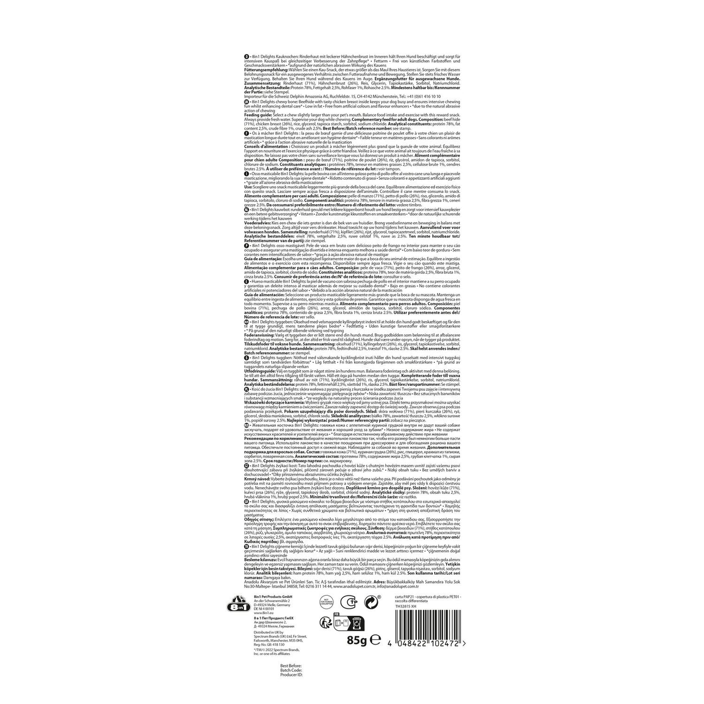 Os à Mâcher pour Chien Grand +25kg Poulet Hygiène Bucco Dentaire Delights 8 In 1