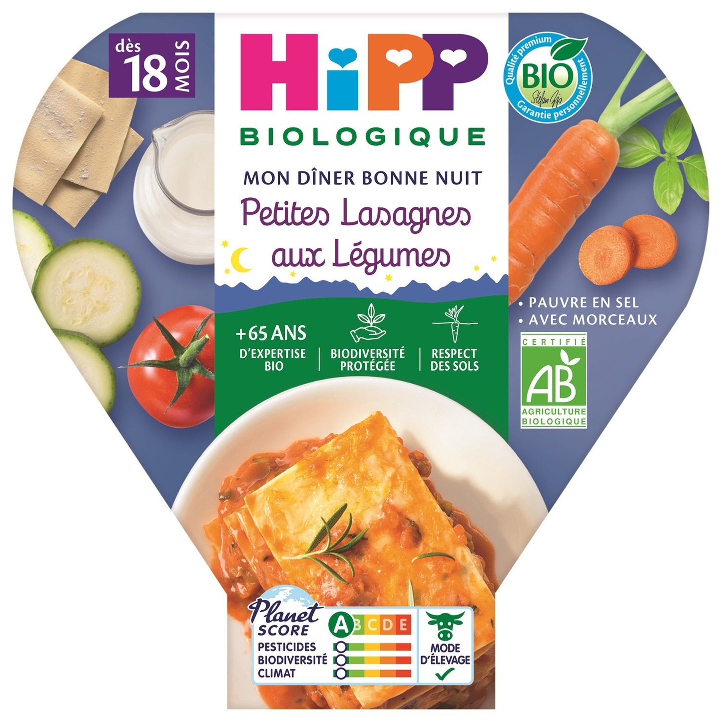 Plat Bébé du Soir Dès 18 Mois Petites Lasagnes aux Légumes Bio Mon Dîner Bonne Nuit HIPP BIOLOGIQUE l'assiette de 260g