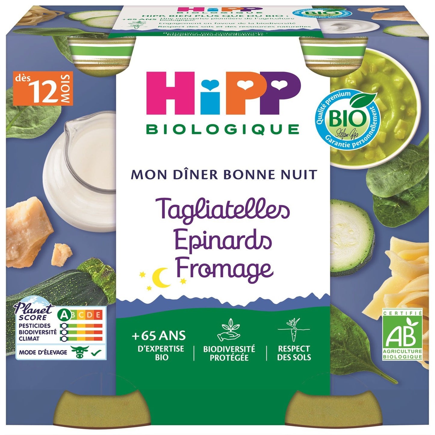Plat Bébé du Soir Dès 12 Mois Tagliatelles Épinards Fromage Bio Mon Dîner Bonne Nuit HIPP BIOLOGIQUE les 2 pots de 250g