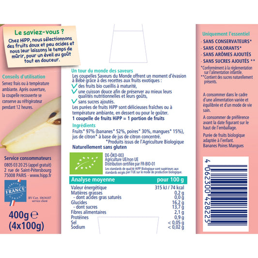 Compote Bébé Dès 6 Mois Bananes Poires Mangues Bio HIPP BIOLOGIQUE