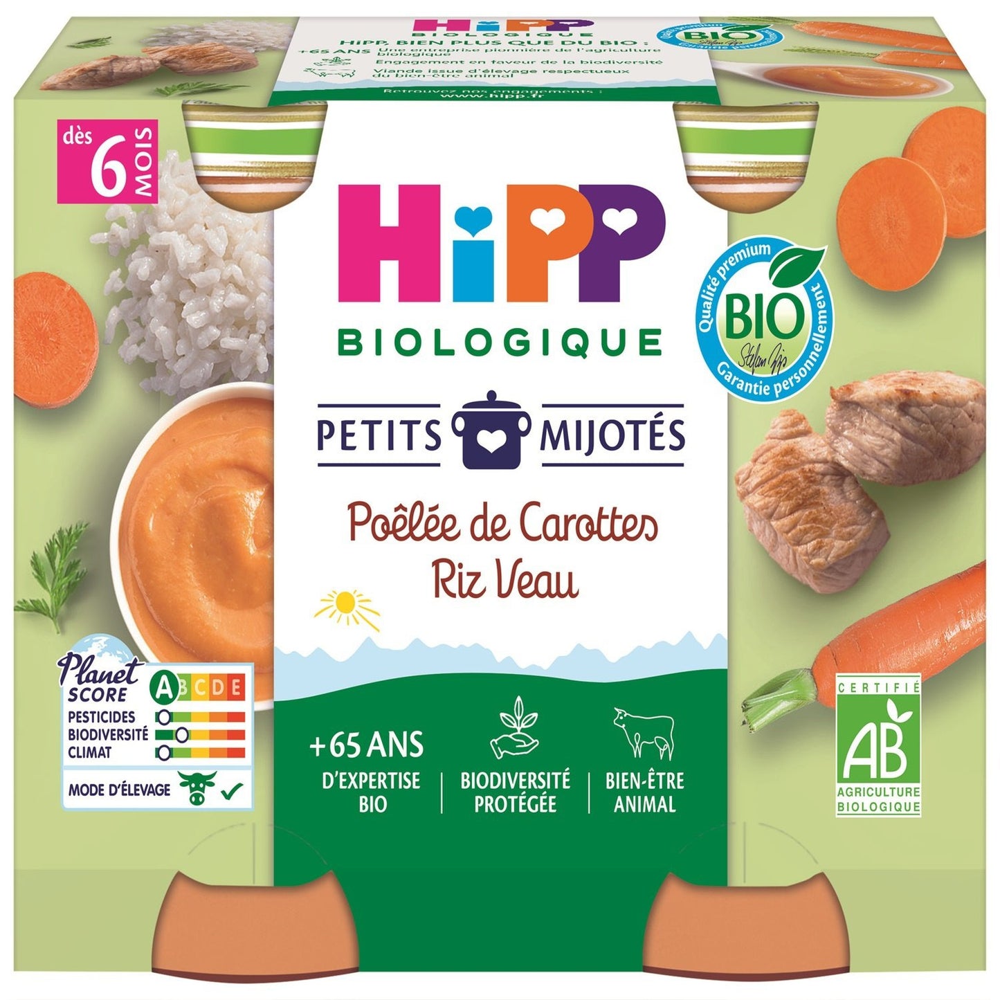 Plat Bébé Dés 6 Mois Poêlée de Carottes Riz Veau Bio Petits Mijotés HIPP HIPP BIOLOGIQUE les 2 pots - 380g