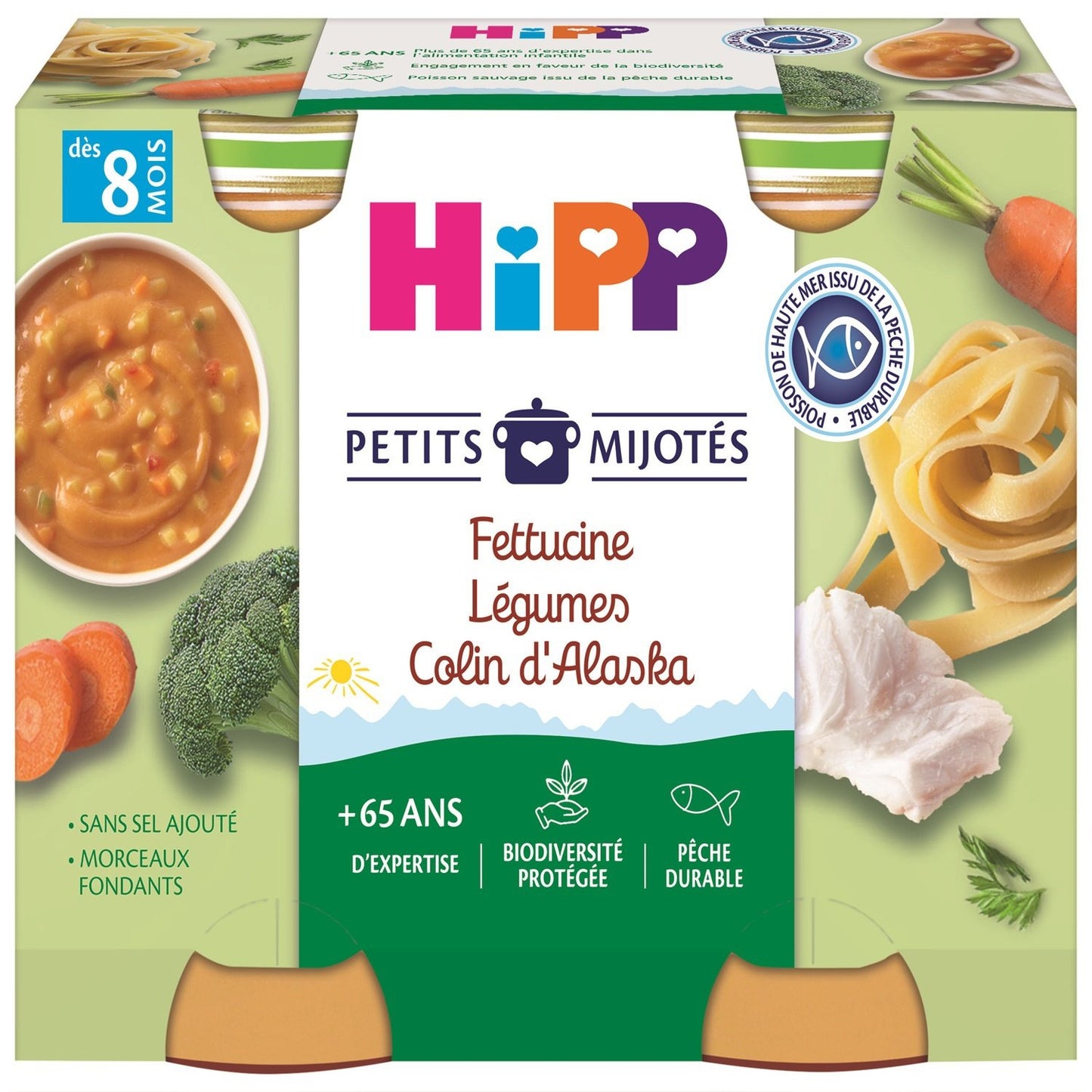 Plat Bébé Dés 8 Mois Fettucine Légumes Colin d'Alaska Bio Petits Mijotés HIPP BIOLOGIQUE les 2 pots - 380g