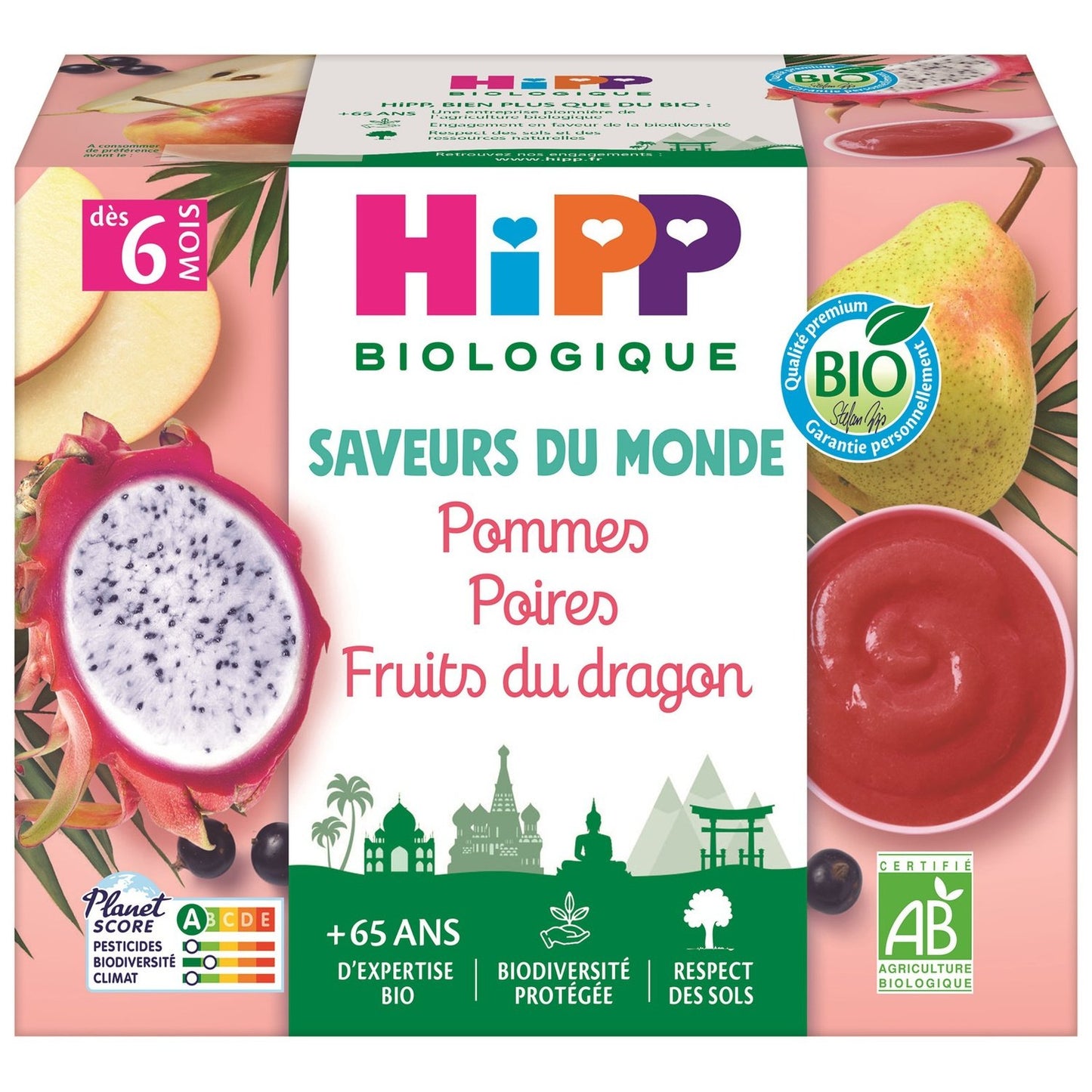 Compotes Bébé Pomme Poire Fruits du Dragon Dés 6 Mois Bio HIPP BIOLOGIQUE la boite de 400g