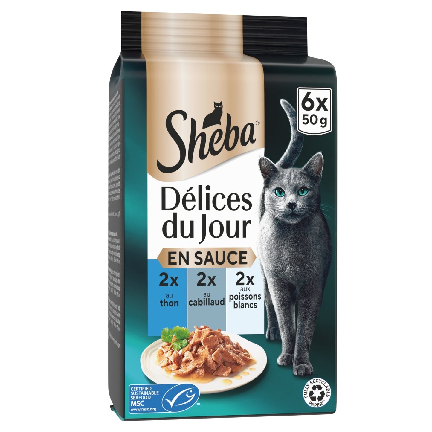 Pâtée pour Chat Adulte en Sauce Thon Cabillaud Délices du Jour SHEBA les 6 sachets fraîcheur