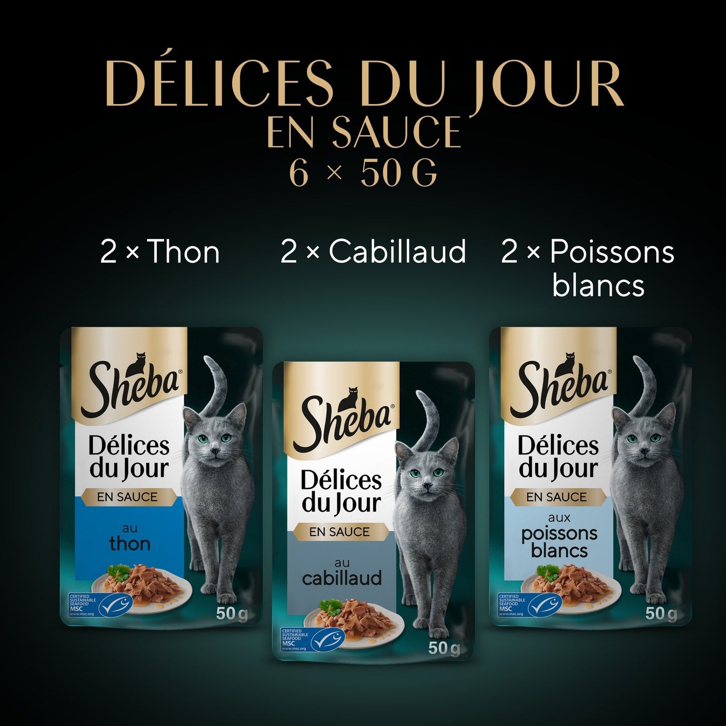 Katzenfutter für ausgewachsene Katzen in Thunfisch- und Kabeljausauce, SHEBA Daily Delights