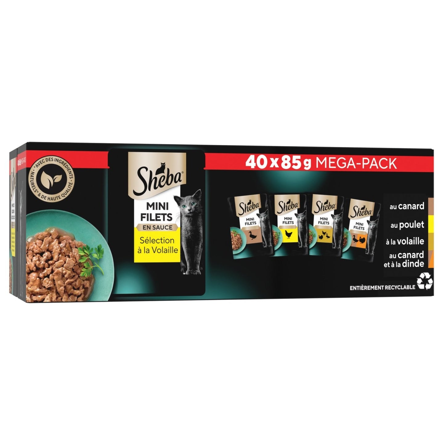 Pâtée pour Chat Adulte Mini Filets en Sauce Volaille Canard Poulet Dinde Boeuf SHEBA la boîte de 40 sachets fraîcheur