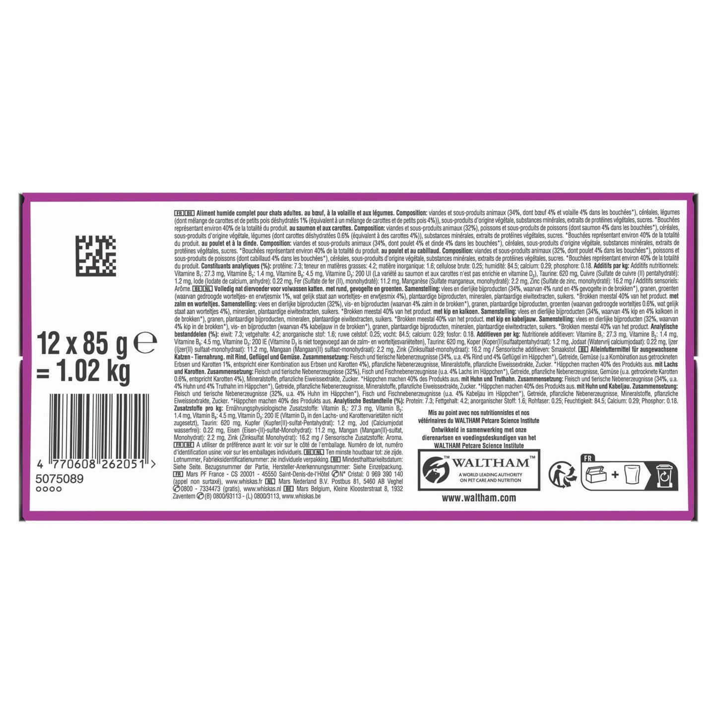Pâtée pour Chat Adulte en Sauce Boeuf Volaille Saumon Poulet Dinde Cabillaud Tasty Mix Sélection du Chef WHISKAS