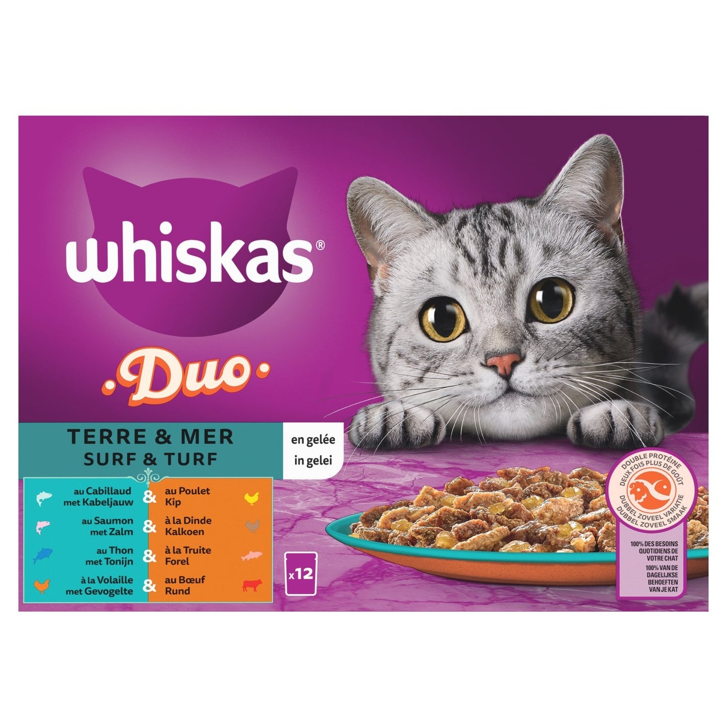 Adult Cat Food in Jelly Cod Chicken Salmon Turkey Tuna Trout Duo Land Sea WHISKAS