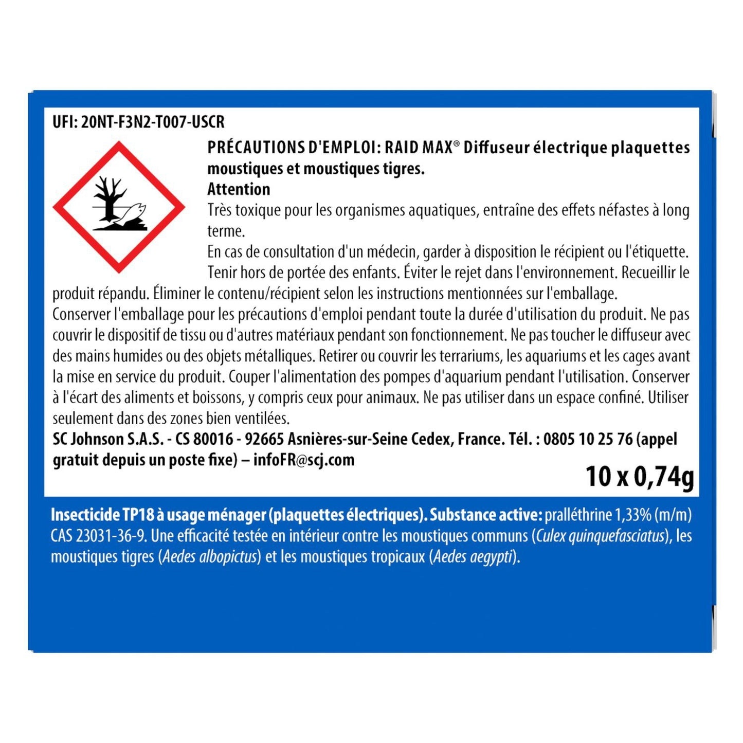 Anti-Moustiques Diffuseur Électrique Plaquettes Moustiques et Moustiques Tigres Sans Parfum Ajouté RAID
