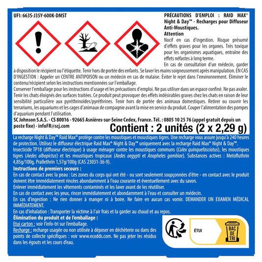 Anti-Moustiques Recharges Moustiques et Moustiques Tigres Sans Parfum Night & Day RAID