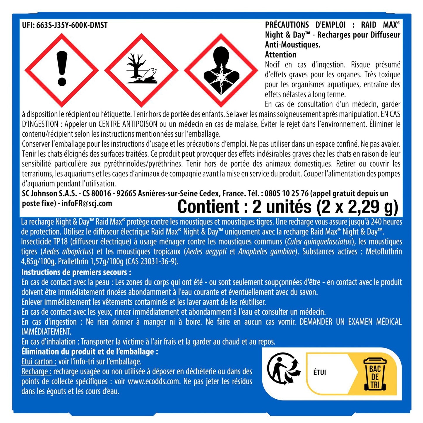 Anti-Moustiques Recharges Moustiques et Moustiques Tigres Sans Parfum Night & Day RAID