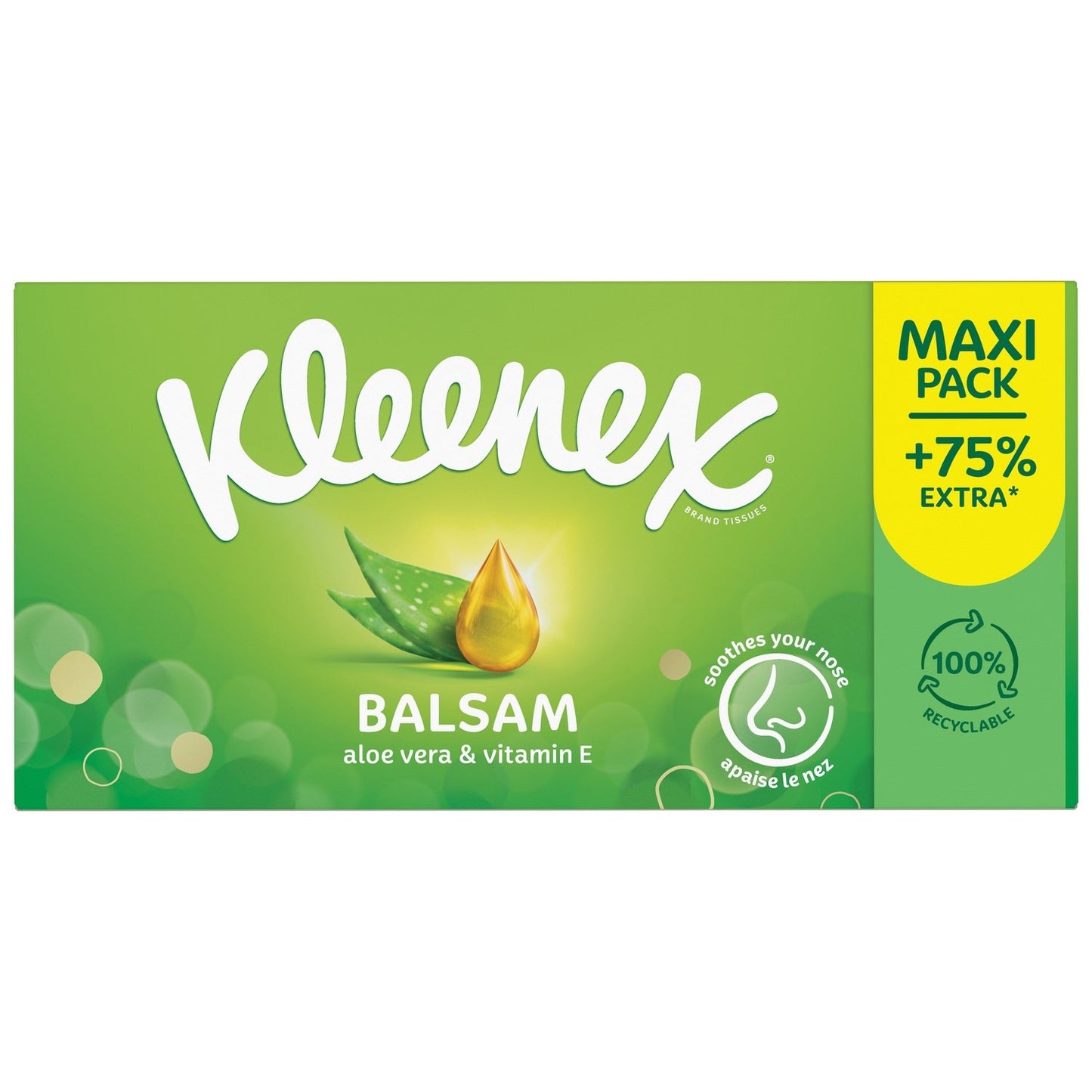 Mouchoirs 3 Epaisseurs Balsam Aloe Vera et Vitamine E Recyclable KLEENEX la boite de 112 mouchoirs
