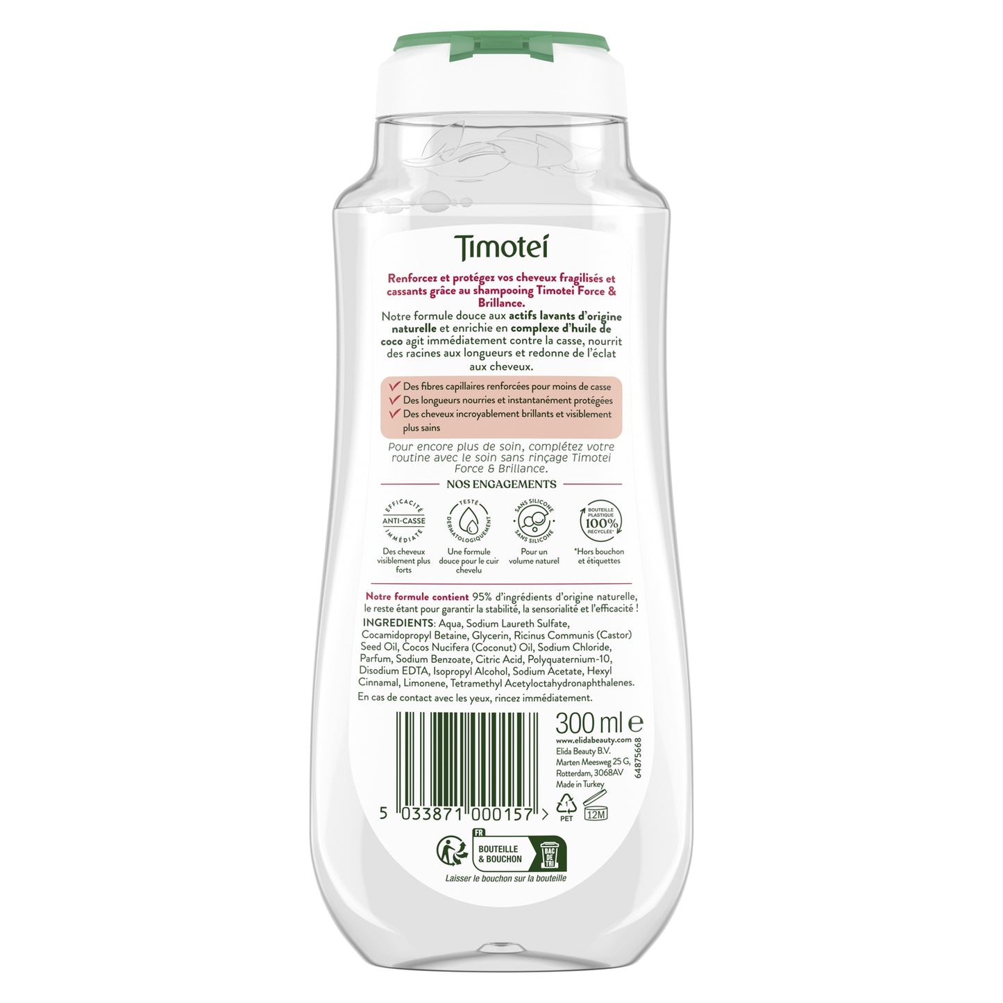Shampoing Force Et Brillance pour Cheveux fragiles et cassants Huile de coco TIMOTEI
