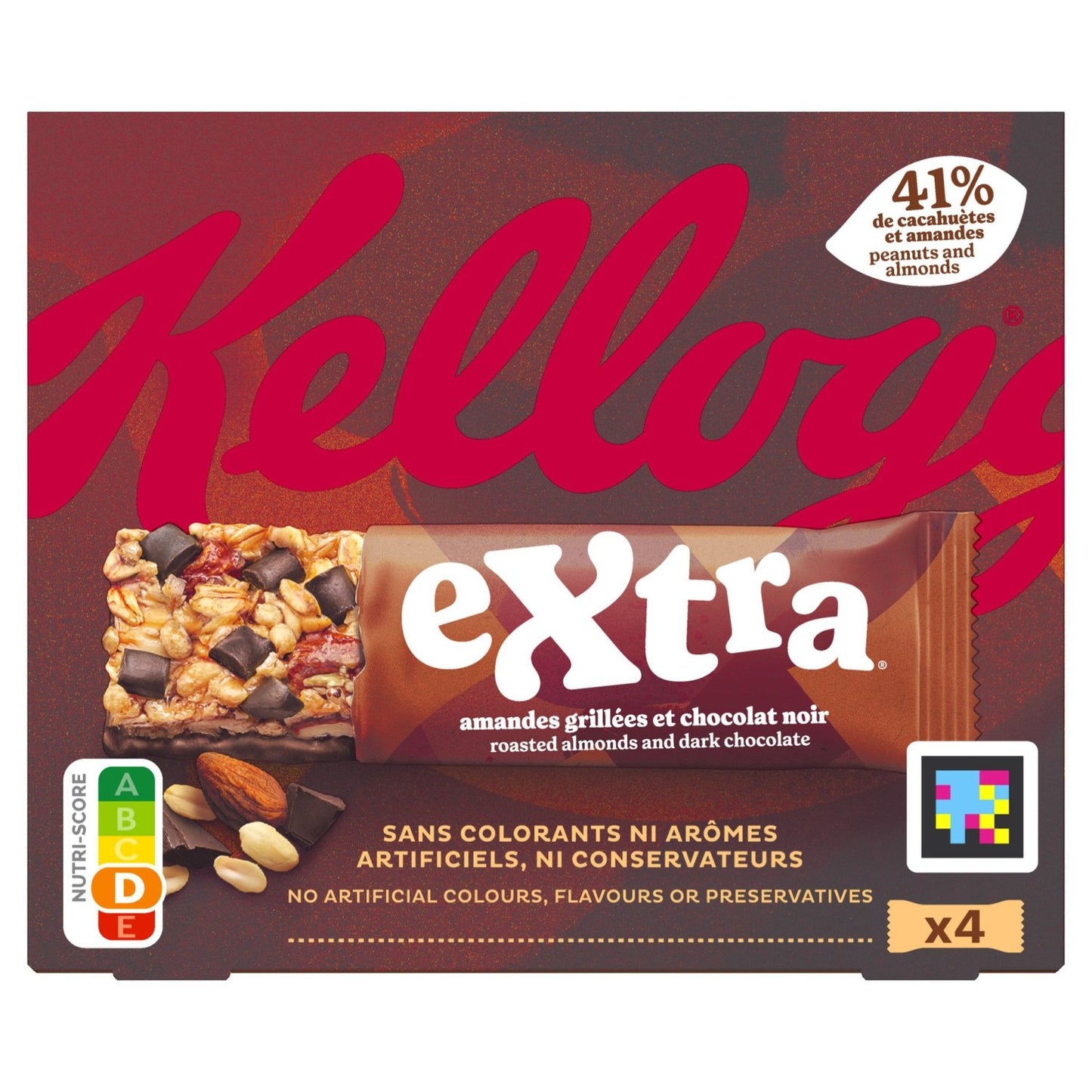 Barres Céréales Extra Amandes Grillées et Chocolat KELLOGG'S les 4 barres de 32g