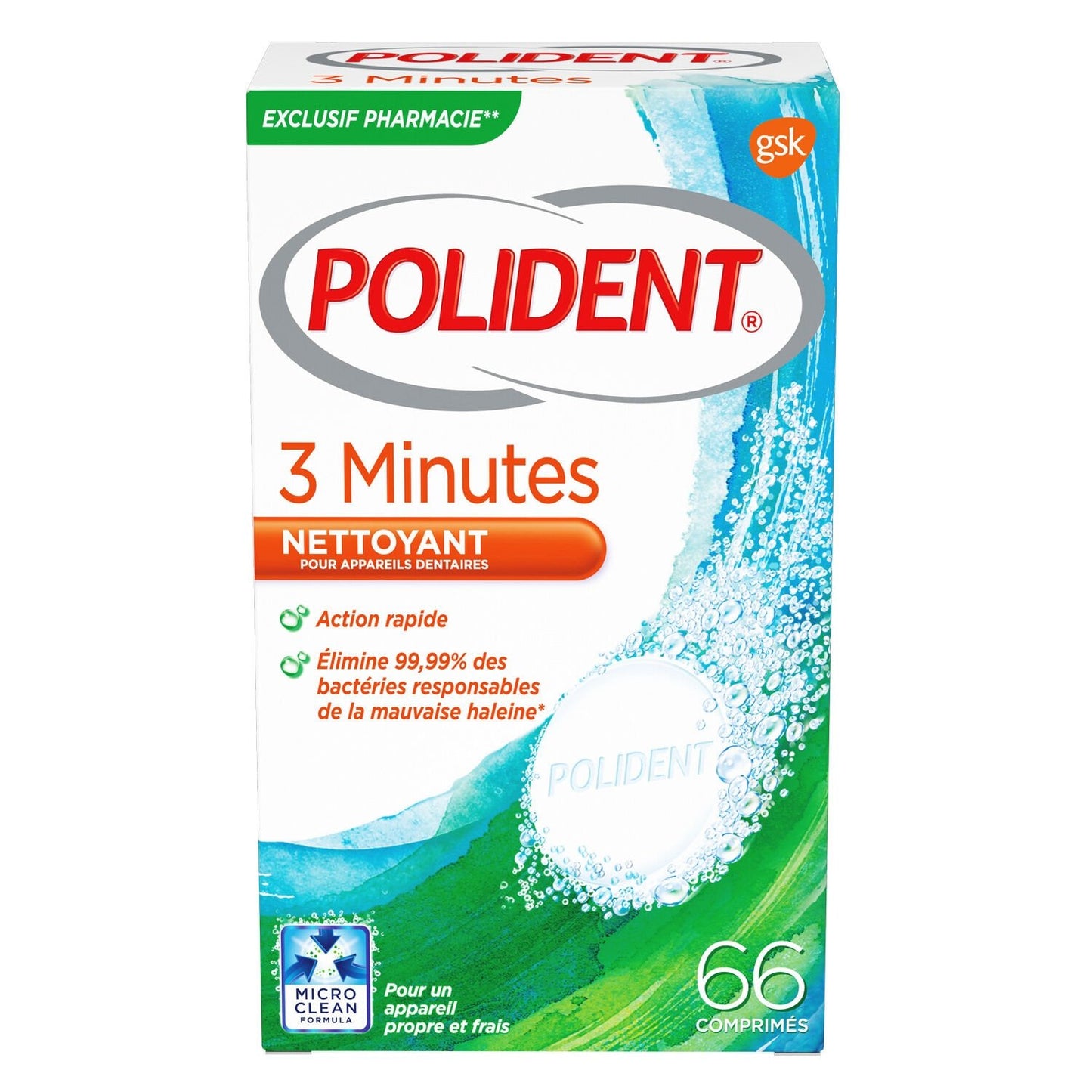 Comprimés Nettoyant Prothèses Dentaires 3 Minutes Anti-Bactérien POLIDENT la boîte de 66 comprimés