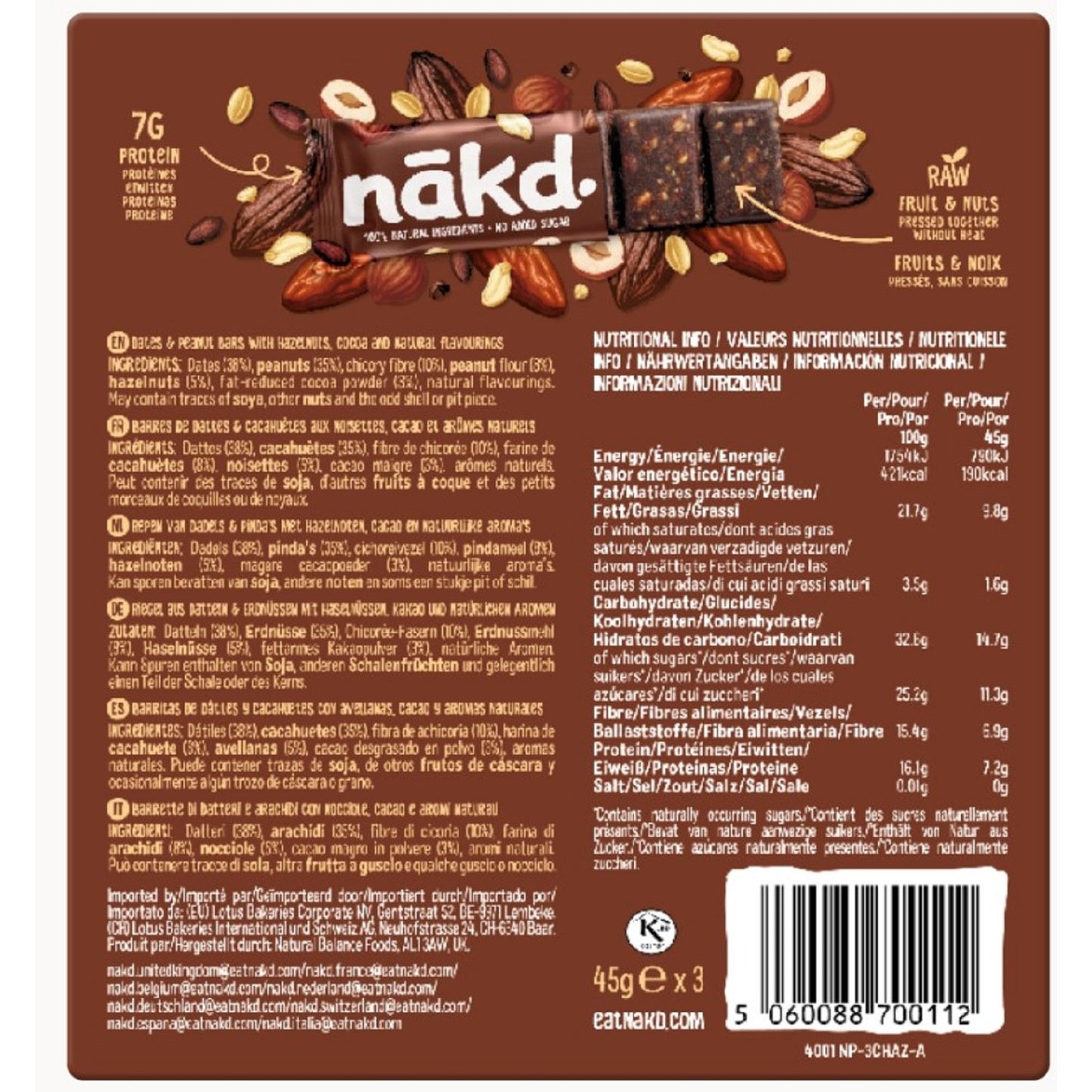 Barres Céréales Protein Cacao Noisette Sans Sucres Ajoutés NAKD