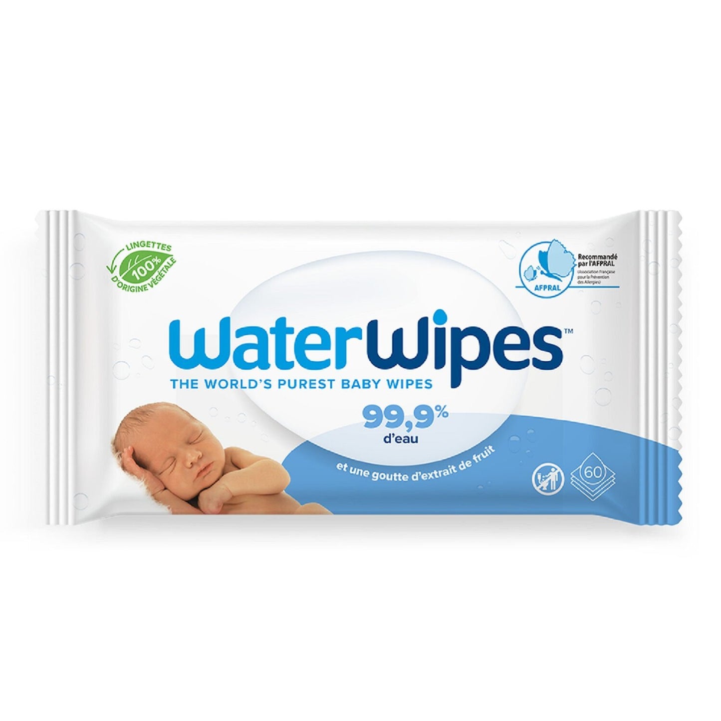 Lingettes Bébé à l'Eau et Extrait de Fruit Biodégradables WATERWIPES le paquet de 60 lingettes