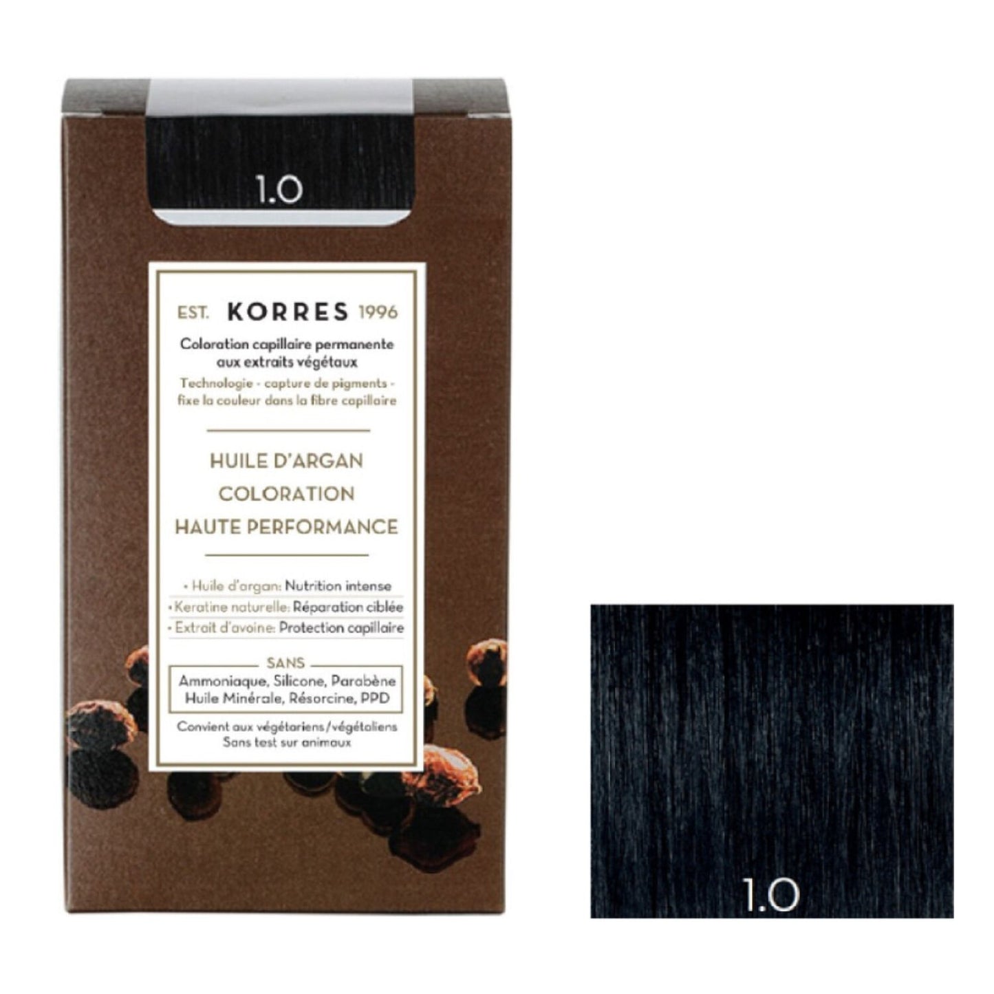 Coloration 1. 0 Noir Huile d'Argan Couvre 100% Cheveux Blancs Vegan KORRES la boite de 145mL