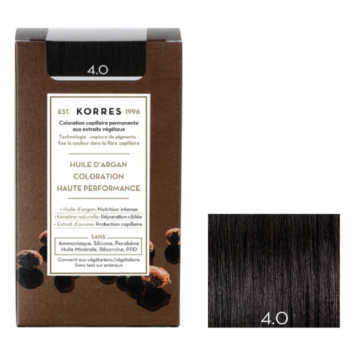 Coloration Permanente 4. 0 Brown Huile d'Argan Kératine Naturelle Couvre 100% Cheveux Blancs KORRES la boite de 145mL