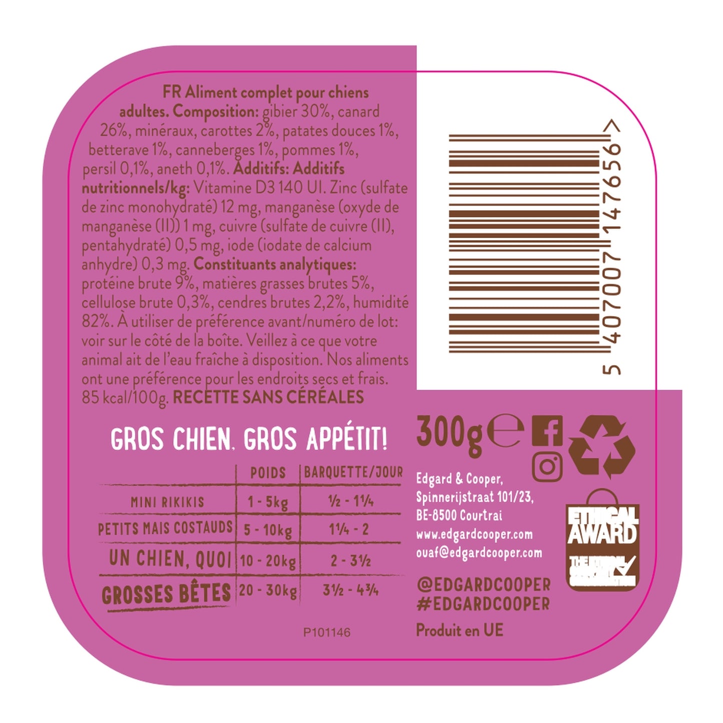 Pâtée pour Chien Adulte Sans Céréales Gibier Canard Délicieux Edgar & COOPER