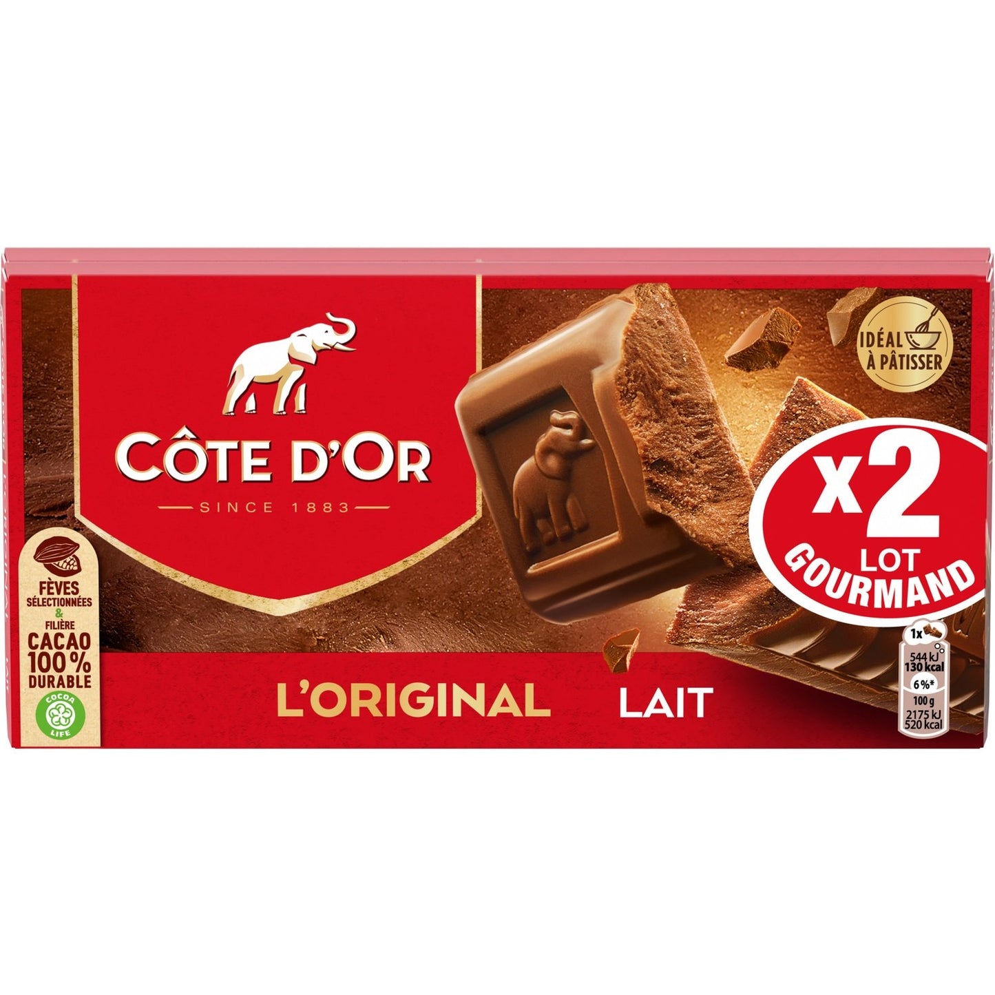 Tablette de Chocolat Lait l'Original COTE D'OR Les 2 tablettes de 200 g