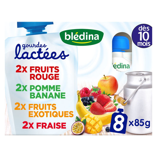 Compote Lactée Bébé à Boire Dès 10 Mois Fruits Rouges, Pommes Bananes, Fruits Exotiques et Fraise BLEDINA