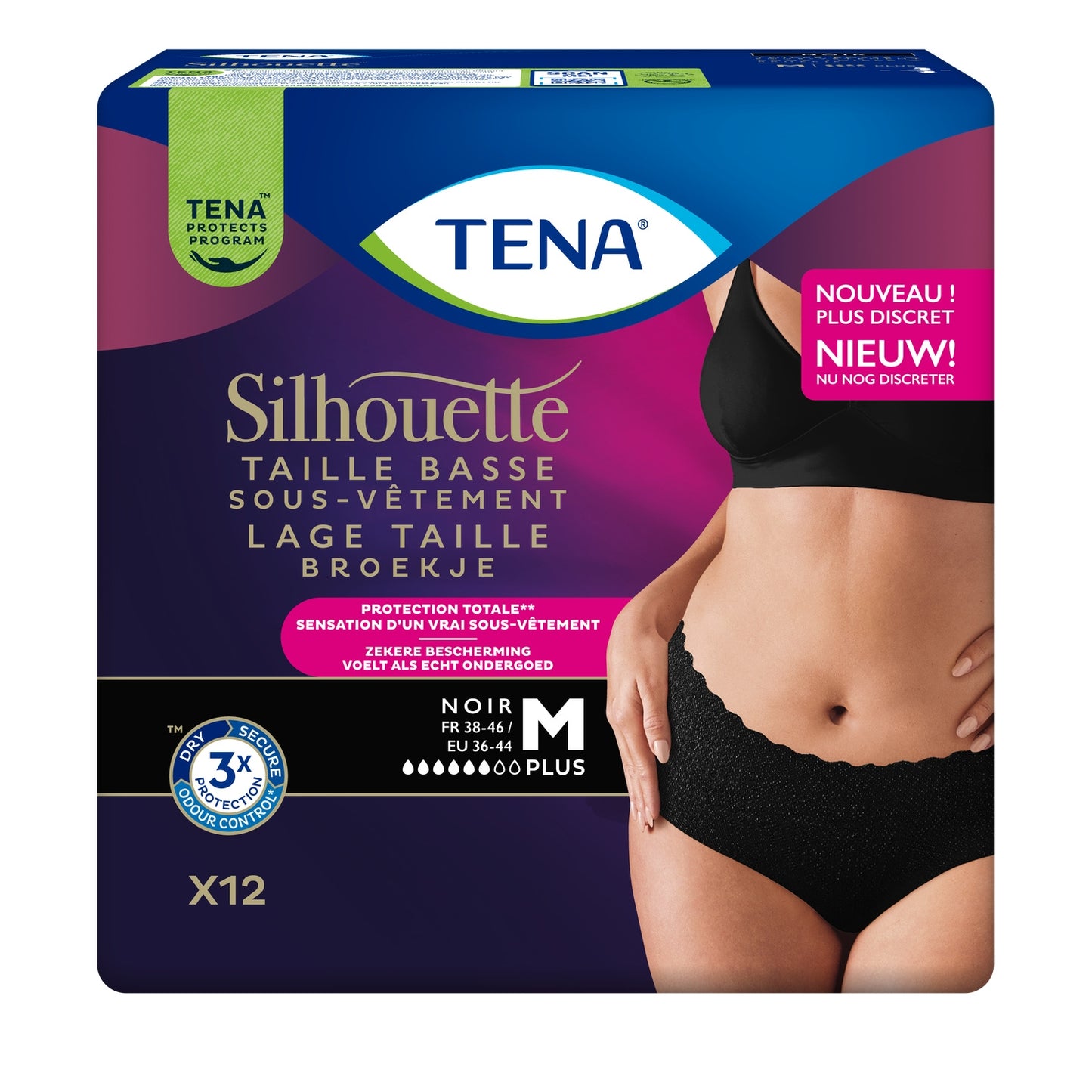Culottes fuites urinaires Taille Basse Taille M Plus Noir Silhouette TENA