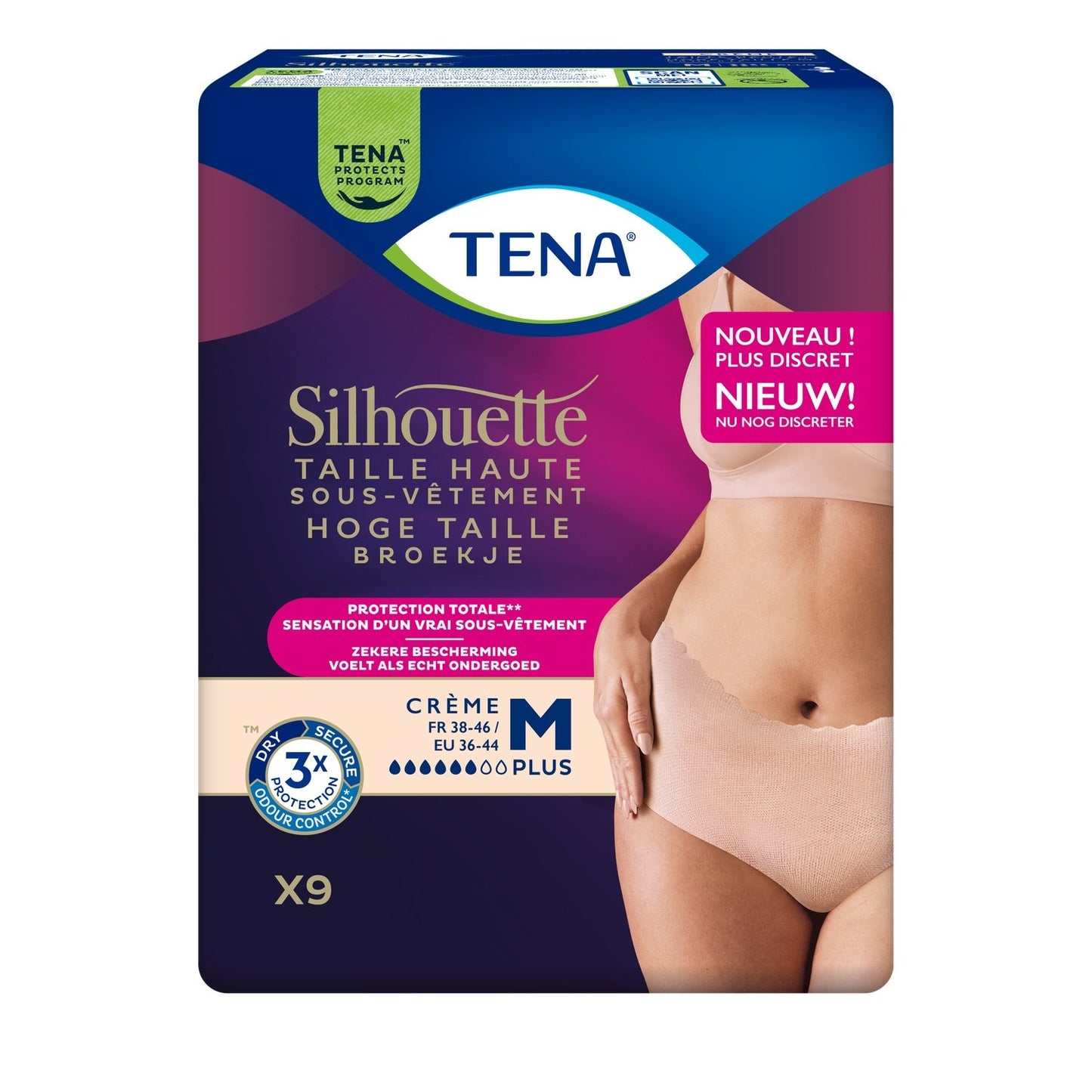 Culottes Fuites Urinaires Taille M Taille Haute Protection Totale Beige Silhouette TENA le pack de 9 culottes
