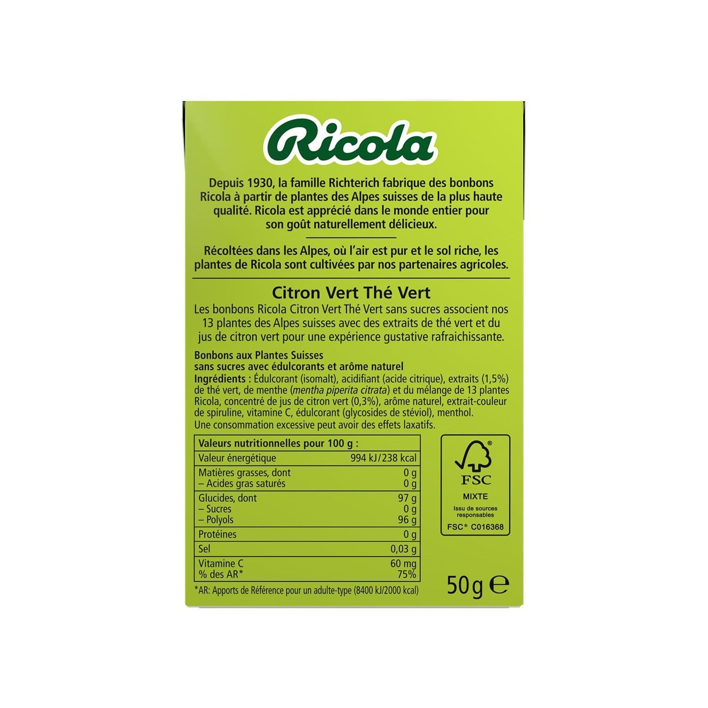 Bonbons Citron Vert, Thé Vert Sans Sucre Ajouté RICOLA