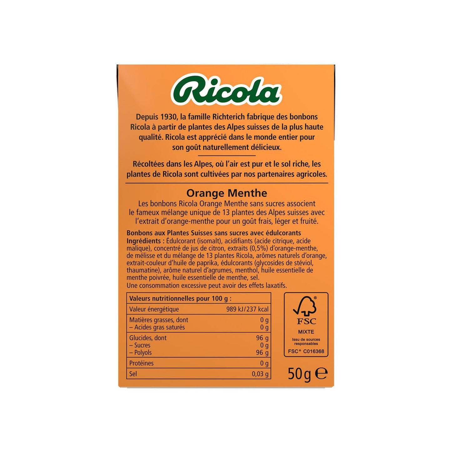 Bonbons Orange Menthe Sans Sucres RICOLA