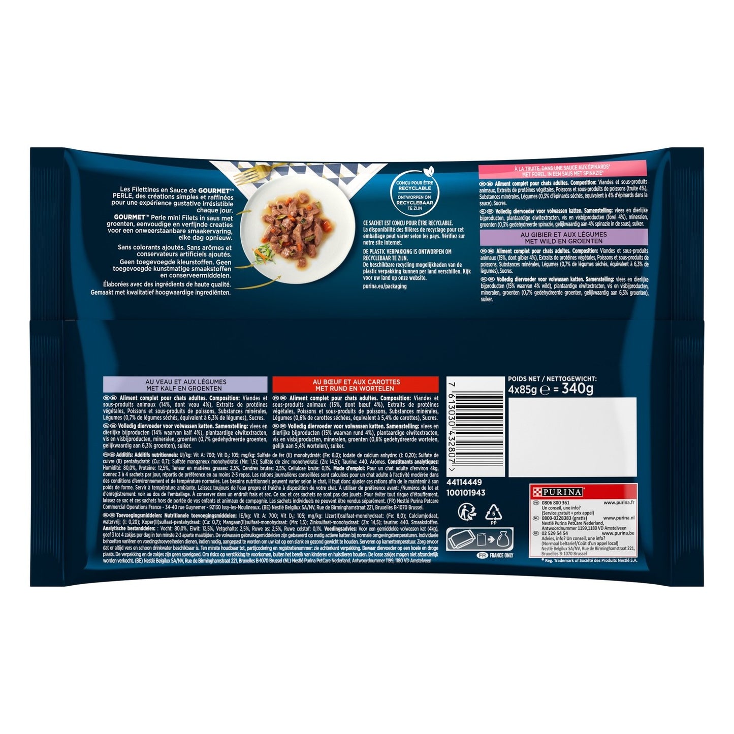 Pâtée pour Chat Adulte Mini Filets en Sauce Veau Boeuf Truite Gibier Légumes Perle GOURMET