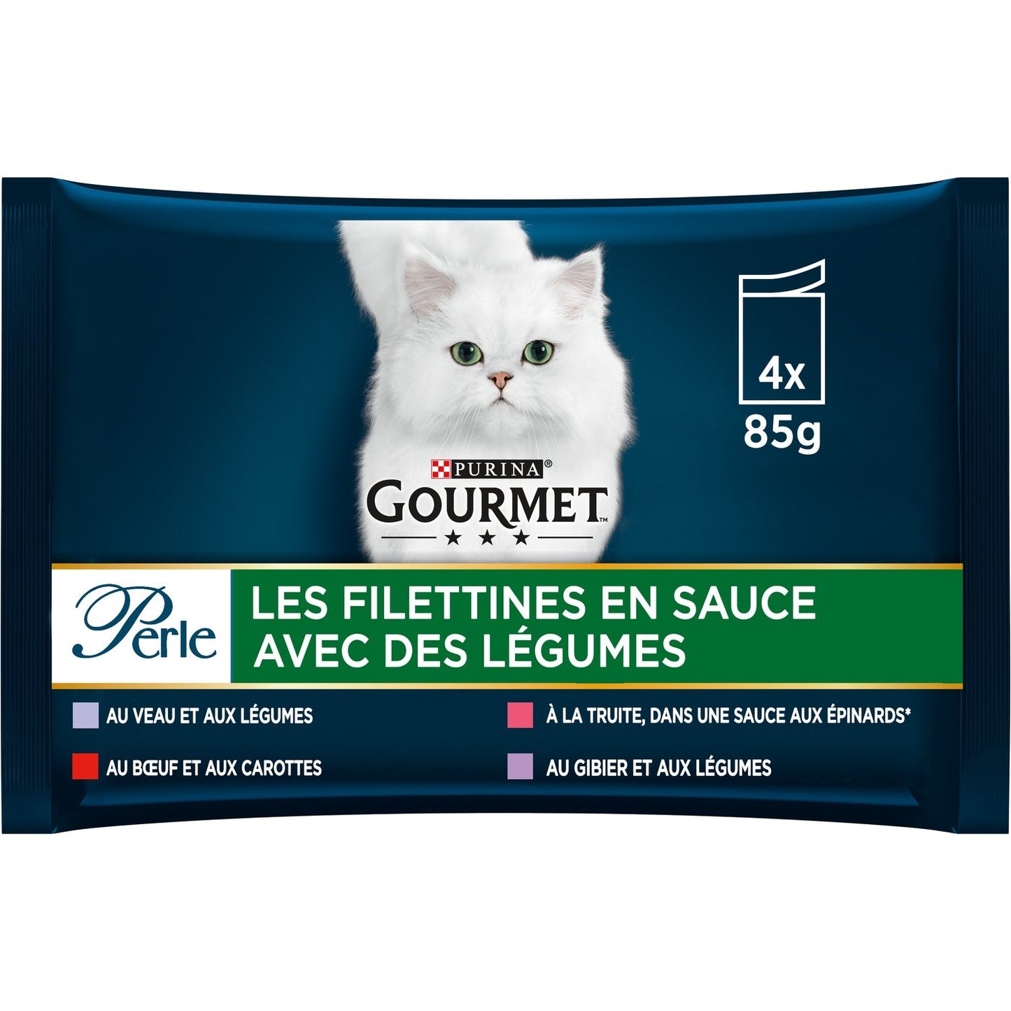 Pâtée pour Chat Adulte Mini Filets en Sauce Veau Boeuf Truite Gibier Légumes Perle GOURMET Les 4 sachets de 85g