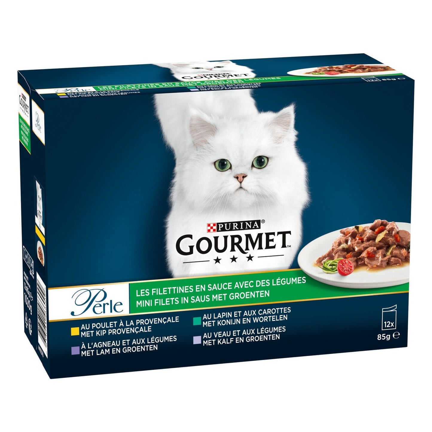 Pâtée pour Chat Adulte Mini Filets en Sauce Agneau Poulet Lapin Veau Légumes Perle GOURMET Les 12 sachets de 85g