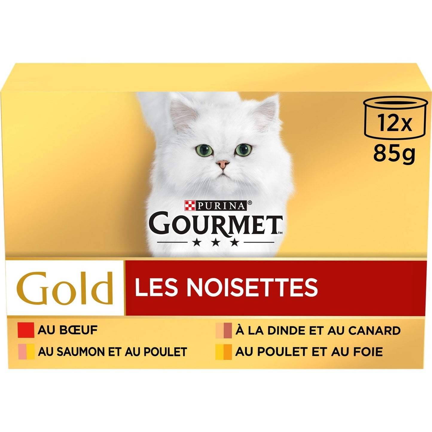Pâtée pour Chat Adulte Noisettes en Sauce Boeuf Dinde Saumon Poulet Gold GOURMET Le 12 boîtes de 85g