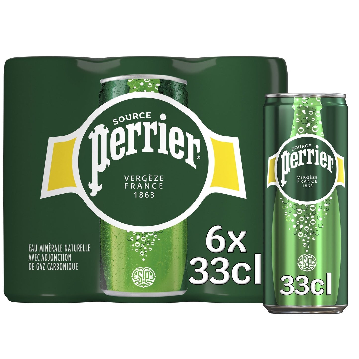 Eau Minérale Naturelle Gazeuse PERRIER le pack de 6 canettes de 33cL