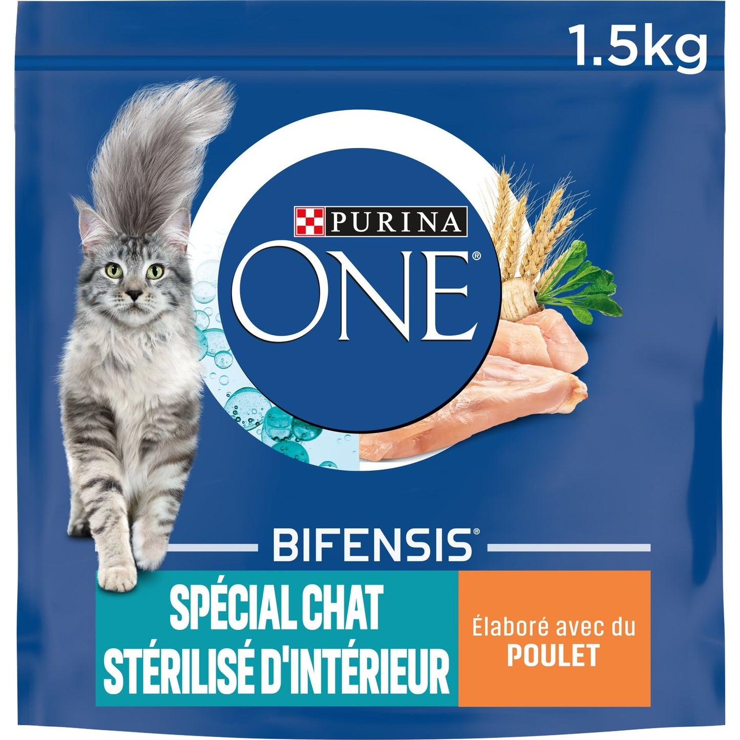 Croquettes pour Chat Adulte Stérilisé Intérieur Poulet ONE Le sac d'1,5kg